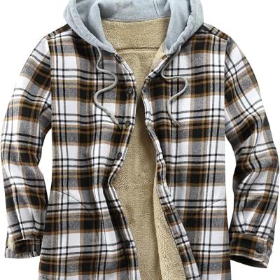 Men's Cotton Plaid Shirts Jacket Fleece Lined Flannel Shirts Sherpa Button Down Jackets with Hood for Men