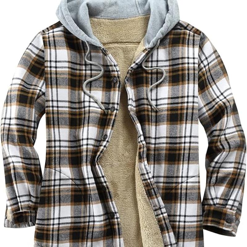 Men's Cotton Plaid Shirts Jacket Fleece Lined Flannel Shirts Sherpa Button Down Jackets with Hood for Men