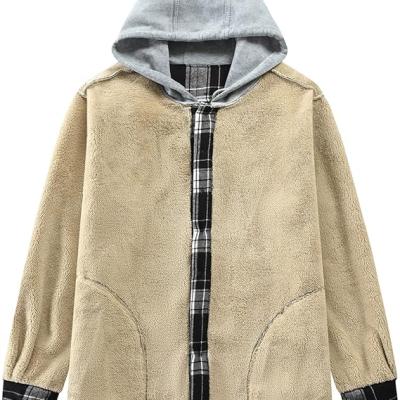 Men's Cotton Plaid Shirts Jacket Fleece Lined Flannel Shirts Sherpa Button Down Jackets with Hood for Men