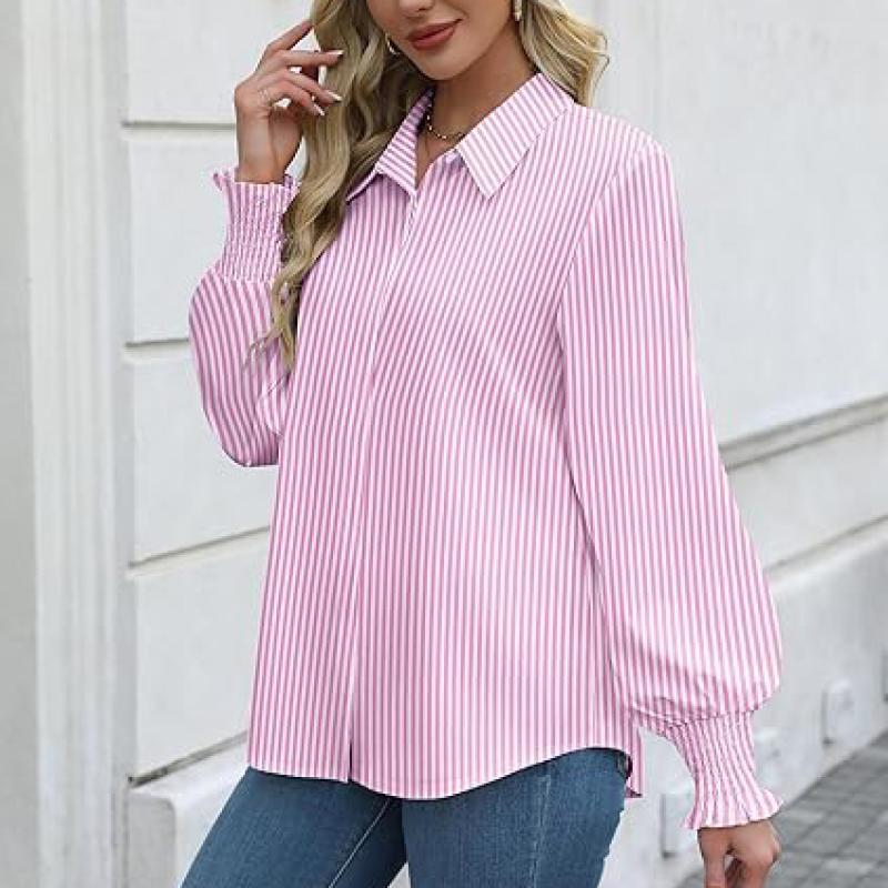 Womens Button Down Shirts Smocked Cuffed Blouse Printed Lantern Shirt Long Sleeve Top Collar Business Fashion
