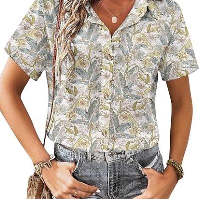 Womens Button Down Linen Shirt Short Sleeve Cotton Blouse Summer Casual Loose Fit Beach Tops