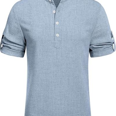 Men's Casual Henley Shirt Short Sleeve Band Collar Linen Shirt Summer Beach Hippie T-Shirts