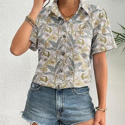 Womens Button Down Linen Shirt Short Sleeve Cotton Blouse Summer Casual Loose Fit Beach Tops